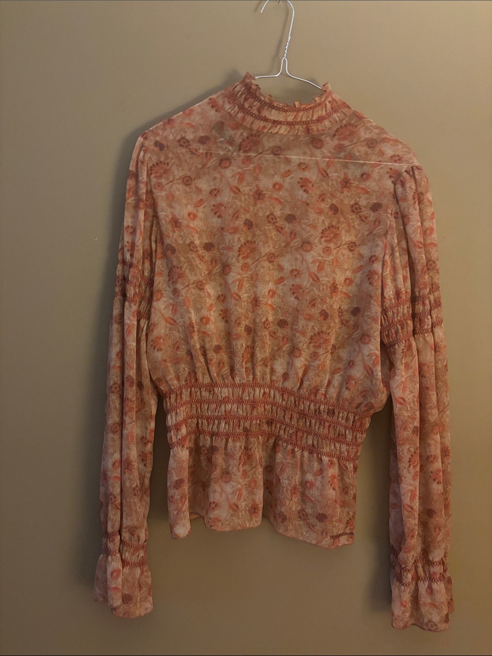 Dkny Peach and Cream Floral Smocked Blouse